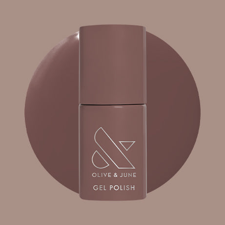Olive and June Fawn - Gel polish bottle with smooth minky brown neutral gel polish swatch in background