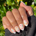 3D Gem French - Press-On | Medium | Almond shimmering silver french tips with colorful puffy gemstone accents for easy mani