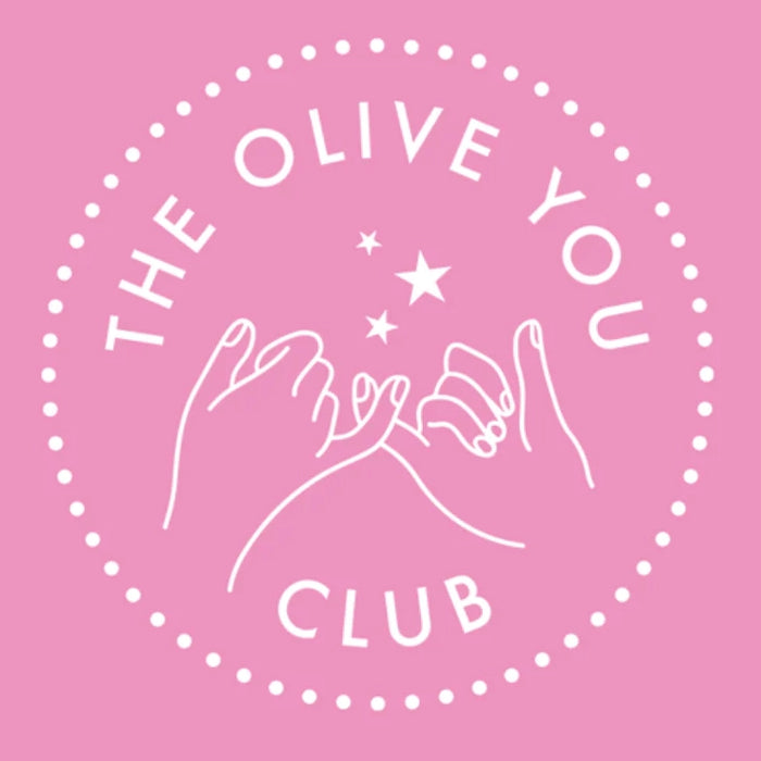 Round pink logo for OYC Membership featuring two hands linking pinkies with stars and dotted border design