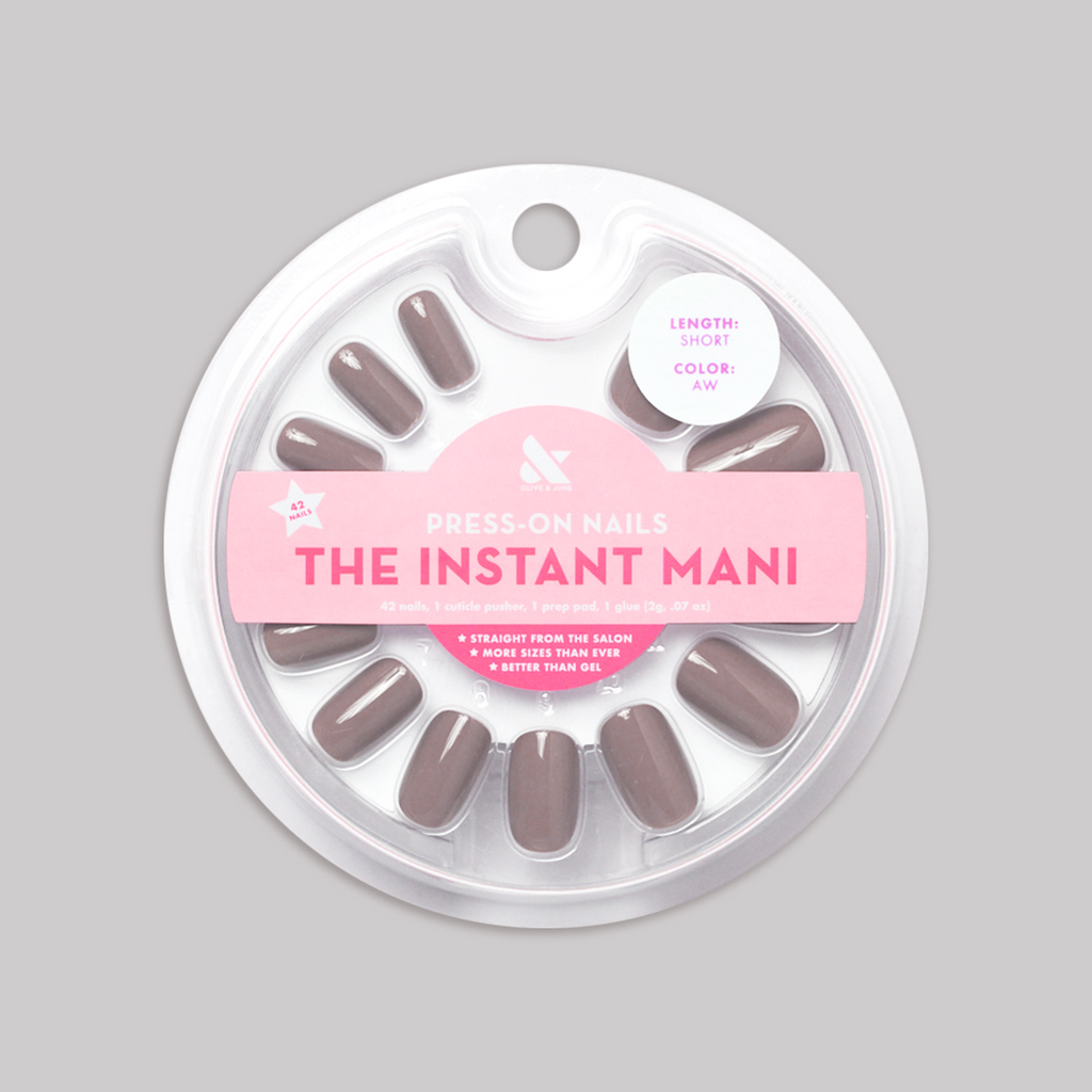 AW - Press-On | Short | Squoval showing packaged short squoval warm grey press-on false nails by Olive and June