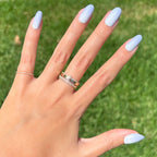 BP Ombre - Press-On | Medium | Almond showing hand outdoors with soft blue gradient medium almond false nails and rings