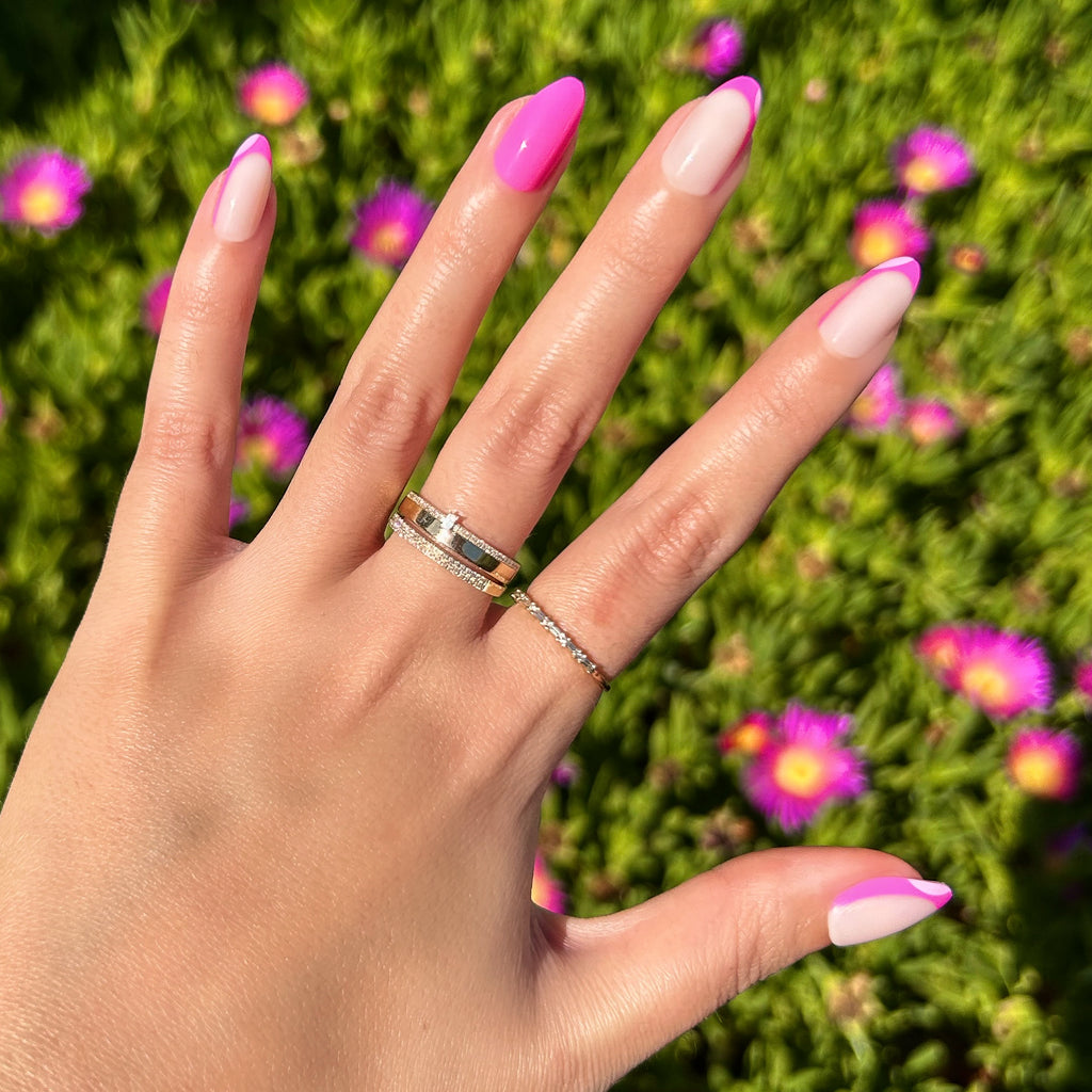 Pink Party French - Press-On | Medium | Almond false nails in mixed pink and french tip design for easy at home mani
