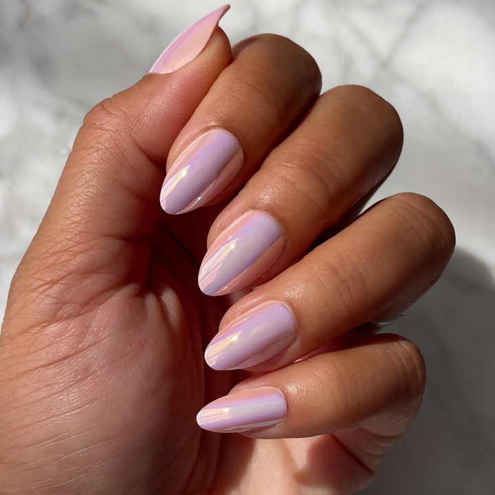 light pink chrome nails almond