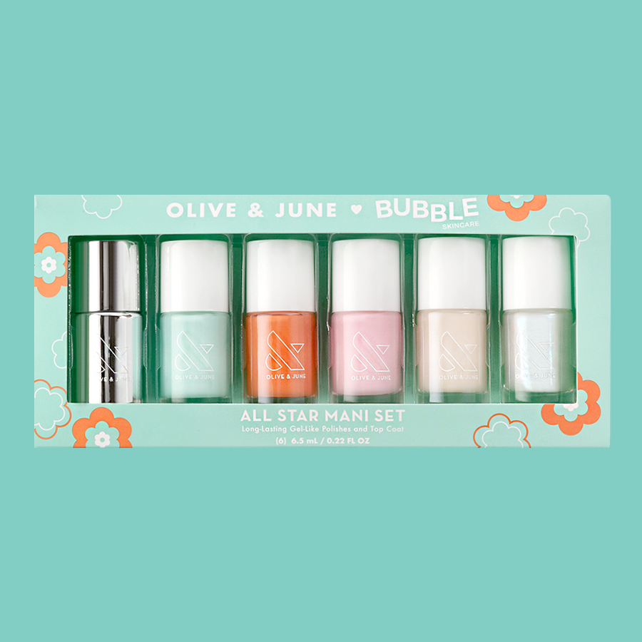 All Star Mani Set by Olive and June with six mini gel nail polishes and a long-lasting top coat for easy manicures at home