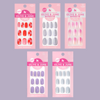 Ally Rooker Super Stick Set showing five sets of colorful press-on nails for easy long-lasting at home manicure