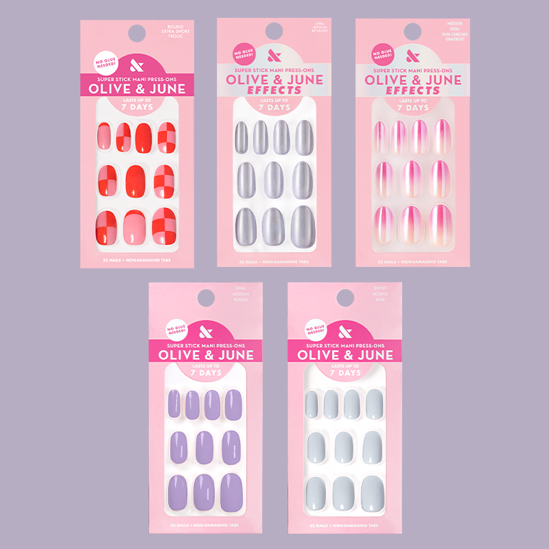 Ally Rooker Super Stick Set showing five sets of colorful press-on nails for easy long-lasting at home manicure