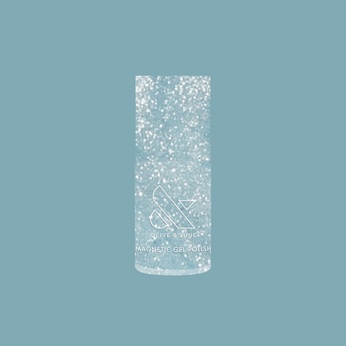 Olive and June Aqua Velvet - Gel magnetic gel polish bottle with shimmering bright pastel blue polish background