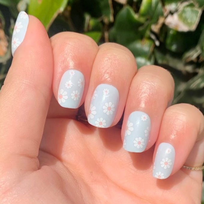 Angelfish Flower Shower - Press-On | Extra Short | Squoval pale blue nails with white daisy floral design for at-home mani