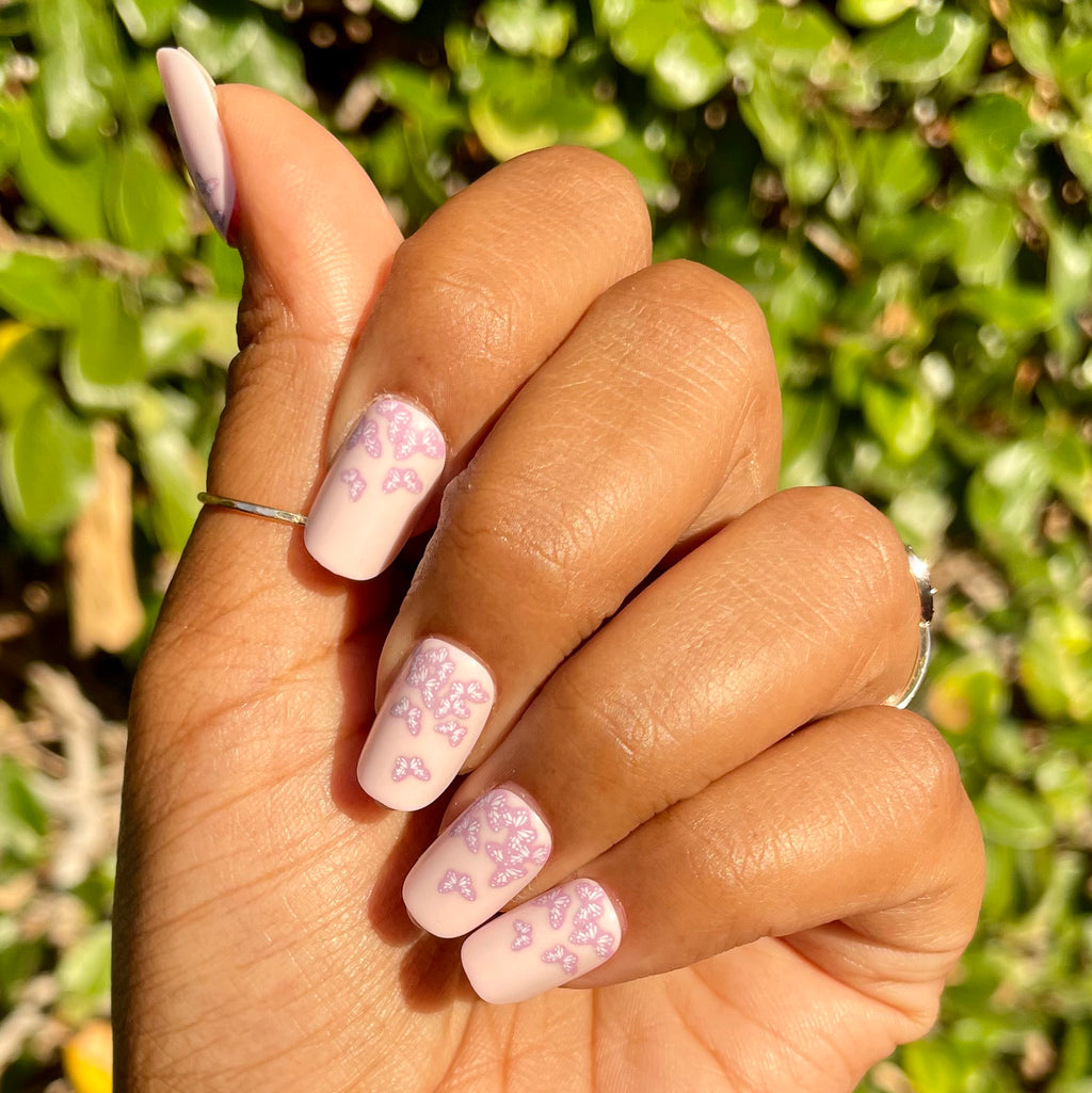 Butterfly Ombre - Press-On | Short | Squoval with lavender butterfly details on matte pink short press-on nails for an easy mani