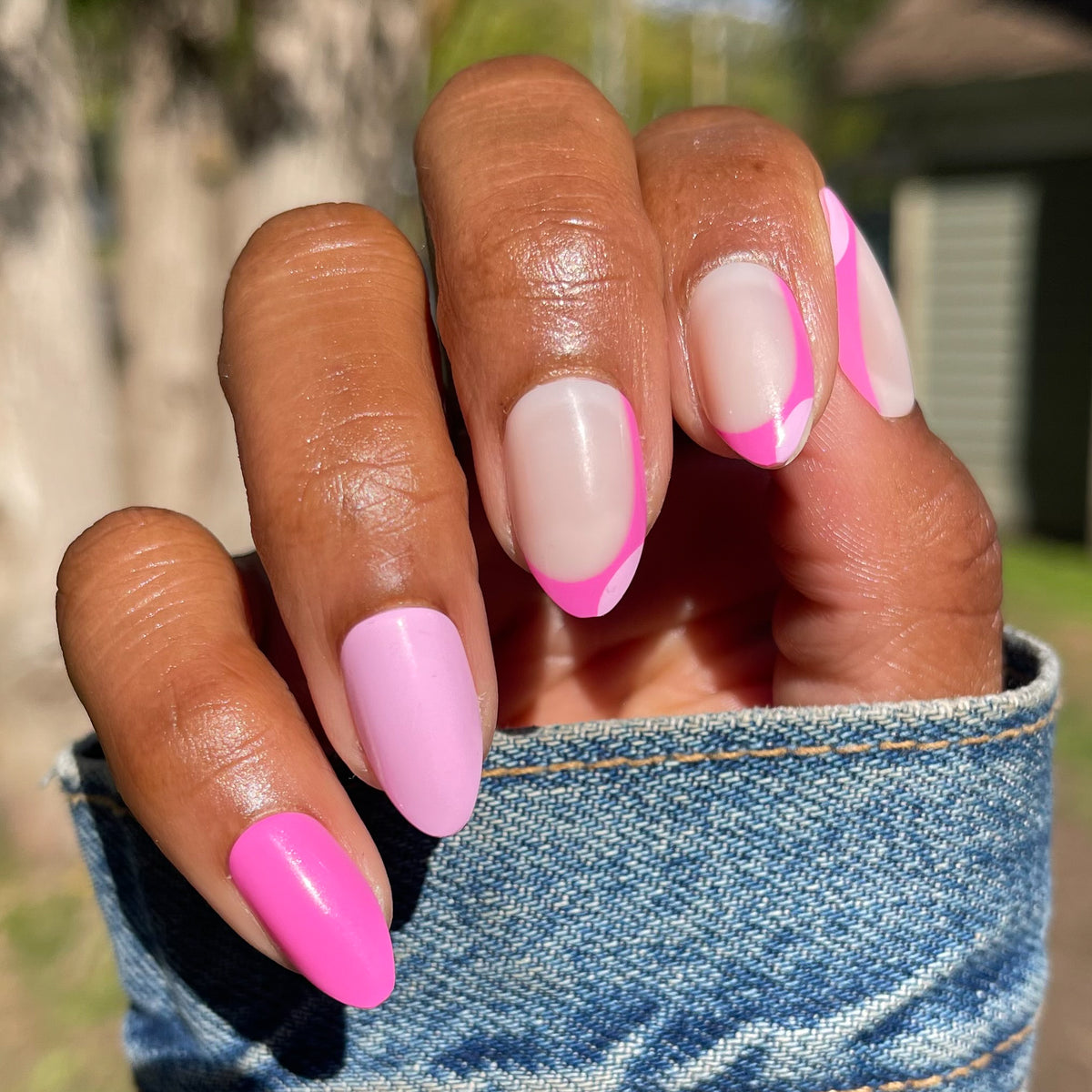 Pink Party French - Press-On | Medium | Almond with mixed pink shades and french tips for an easy at home manicure