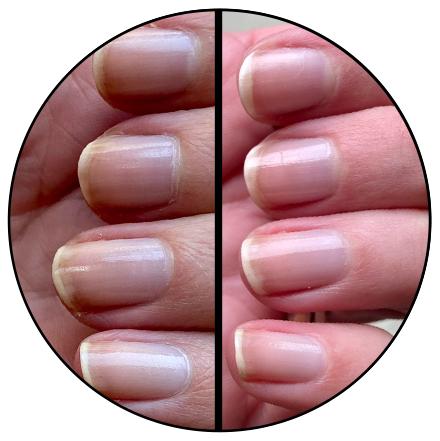 before thin transparentish nails and after same nails but glossier and more opaque with a thicker look