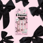 Biggest Bow On Top - Pressies | Short Medium | Round showing light lavender press-on nails with black bow design by Olive and June