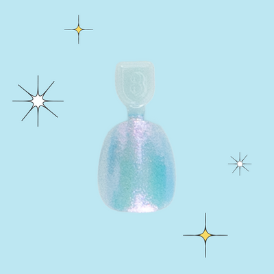 Blue Fairy Dust - Pressies | Extra Short Short | Round showing iridescent pastel blue press on nails in glittery packaging on blue background Blue Fairy Dust - Pressies | Extra Short Short | Round  Pressies