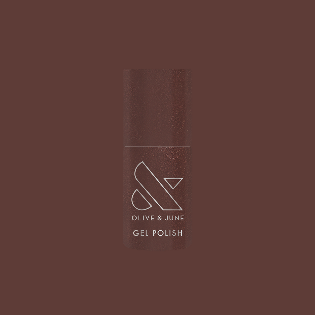 Bottle of Goal Getter - Gel nail polish in a deep chocolate shade with subtle golden shimmer for long-lasting mani