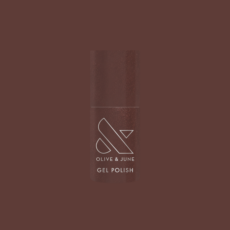 Bottle of Goal Getter - Gel nail polish in a deep chocolate shade with subtle golden shimmer for long-lasting mani