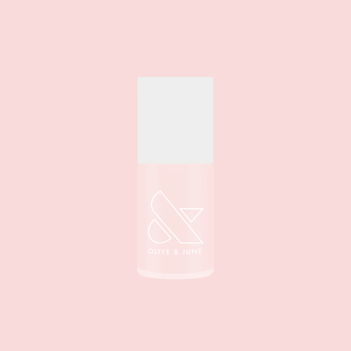 Bottle of FIRST DATE nail polish in soft milky strawberry pink with subtle silver shimmer on a pink background