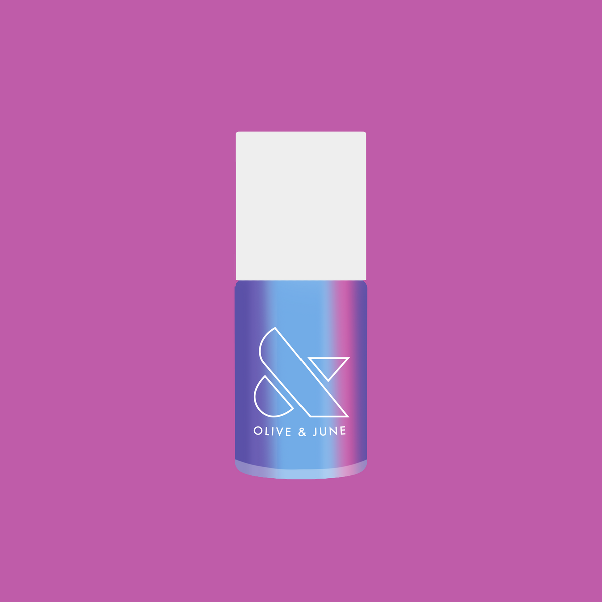 Bottle of SWAK quick dry nail polish with purple-blue iridescent duochrome finish by Olive and June on purple background