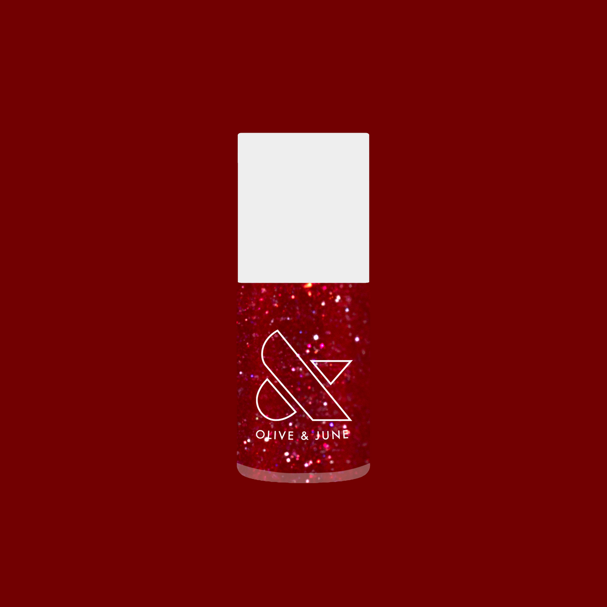 Bottle of Splash of Cran quick dry gel polish in bubbly shimmery pinky-red with glitter on deep red background