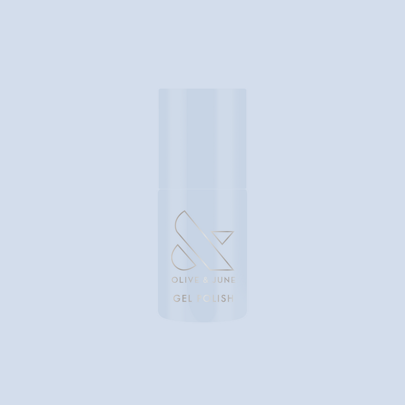 BP - Gel bottle displayed on a soft icy blue background representing a long-lasting gel polish by Olive and June