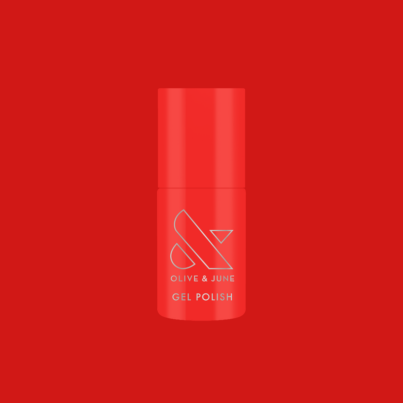 CV - Gel bottle displayed in a bright cherry red shade for a long-lasting gel polish manicure by Olive and June