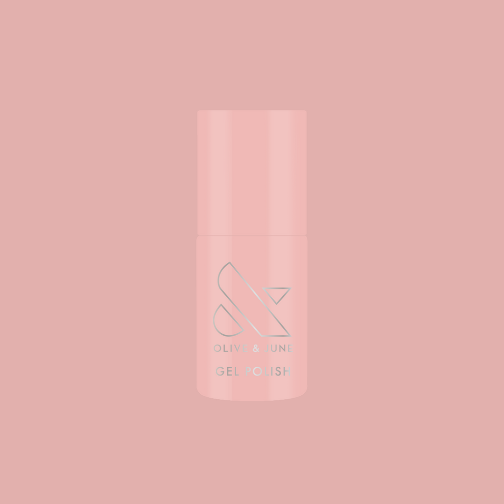 HZ - Gel bottle in soft rosy neutral shade with Olive and June logo on muted pink background for mani polish
