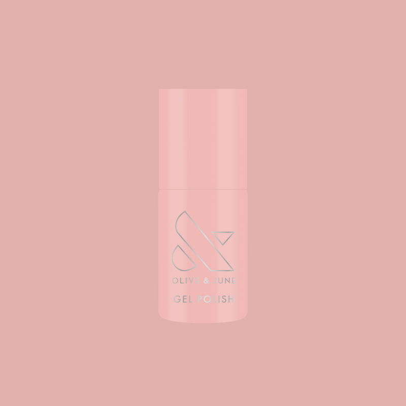 HZ - Gel bottle in soft rosy neutral shade with Olive and June logo on muted pink background for mani polish