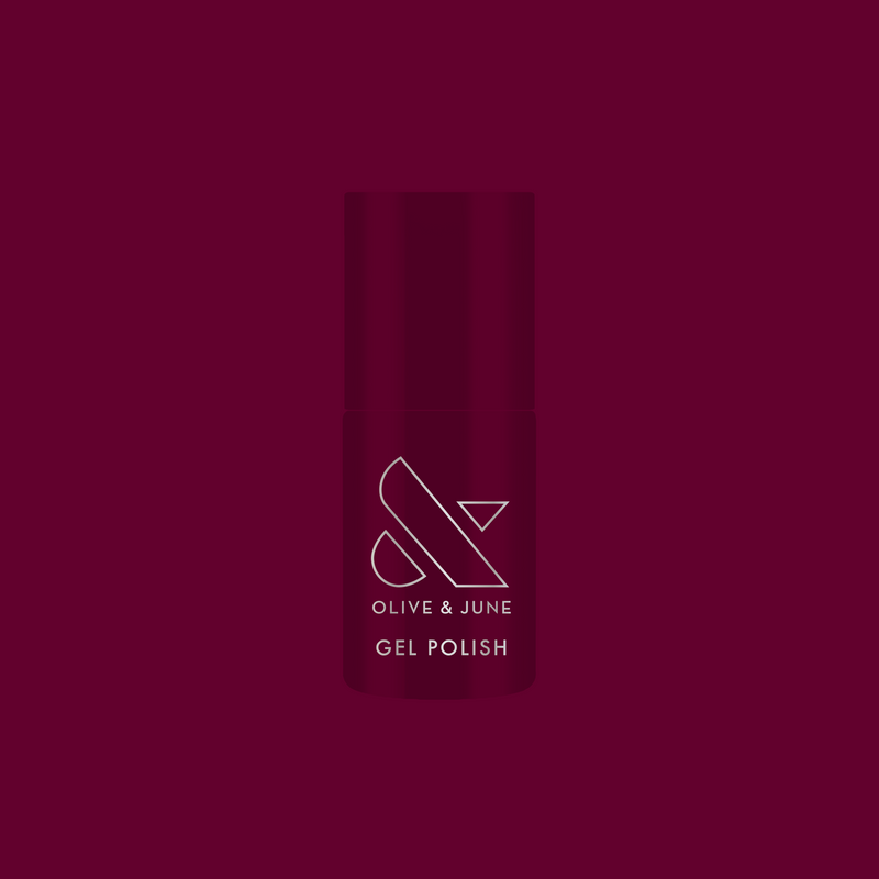 Mulberry - Gel polish bottle on rich deep maroon background for a premium long-lasting mani by Olive and June