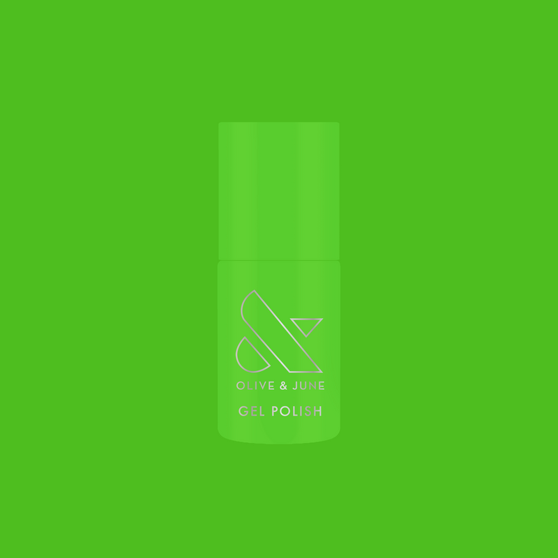 Cancel My Return Flight - Gel nail polish bottle in electric lime shade with Olive and June logo on vibrant background