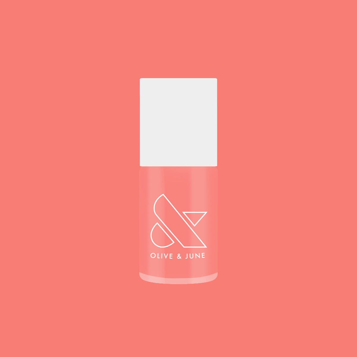 Olive and June Papaya Gloss sheer coral pink nail polish bottle against matching coral background for mani or pedicure