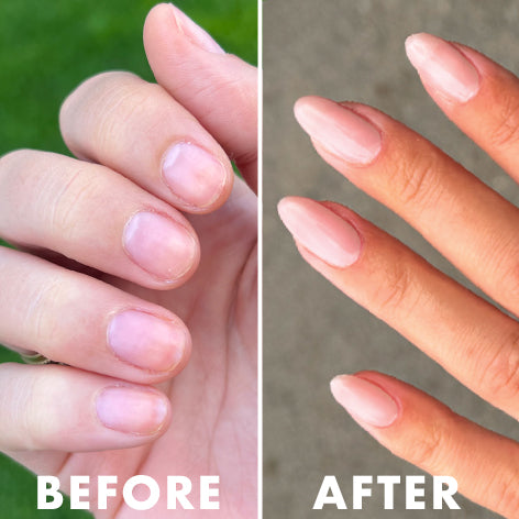 Side-by-side view of nails before and after application of soft pink manicure with almond-shaped tips