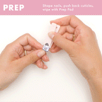 Hands demonstrating nail preparation by clipping nails and pushing back cuticles on white surface with pink header text