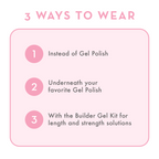 Instructions listing three options for wearing nails with gel polish or builder gel kit on a soft pink background