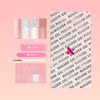 Blush Jelly Builder Gel Kit displayed with gel bottles, manicure tools, nail forms, and a branded box on a pink background