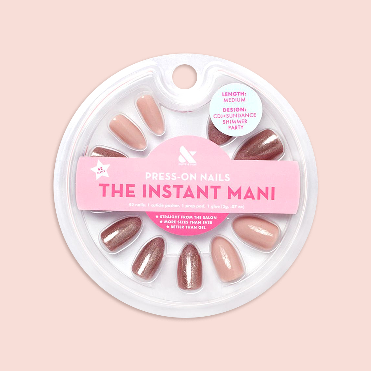 CDJ + Sundance Shimmer Accent Nail - Press-On | Medium | Almond showing shimmer bronze and neutral medium almond false nails in round packaging