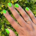 Cancel My Return Flight - Gel bright electric lime gel polish on natural nails with smooth glossy finish and gold initial ring