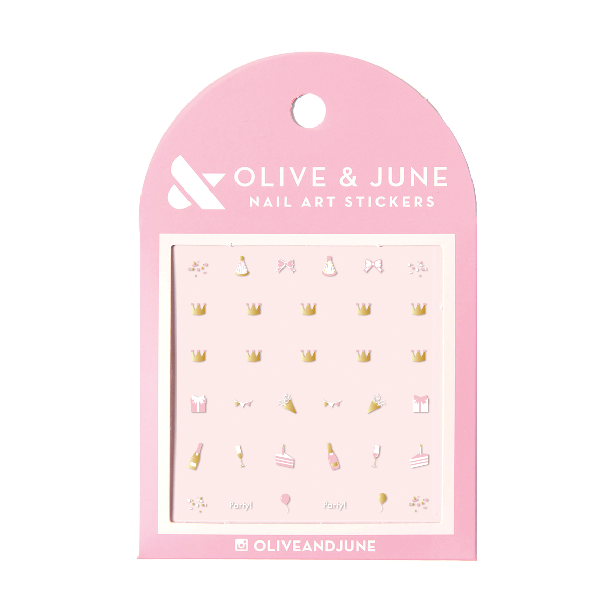 Celebration nail art stickers featuring cake, party hats, bubbles, and festive icons for fun at home manicures