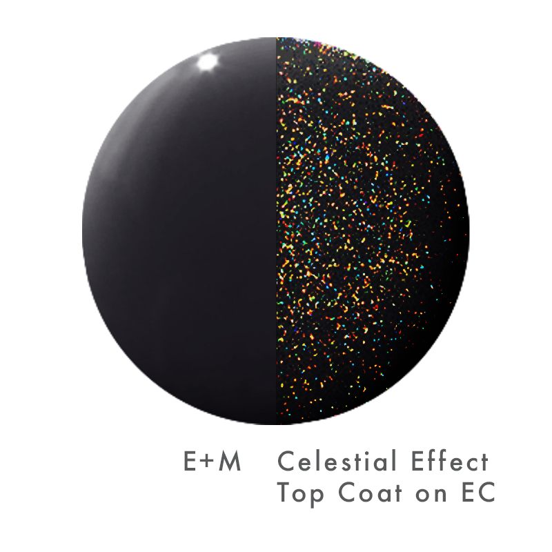 The Celestial Effect Top Coat shown on a black polish base with sparkling micro-shimmer for a starry manicure finish
