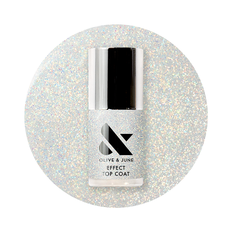 The Celestial Effect Top Coat bottle with sparkling micro-shimmer polish for a radiant manicure finish by Olive and June