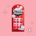 Cherry Chrome Sleigh - Pressies | Extra Short Short | Round showing bright red press-on nails with chrome finish in packaging