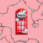 Cherry Chrome Sleigh - Pressies | Extra Short Short | Round showing bright red press-on nails in festive packaging on pink background