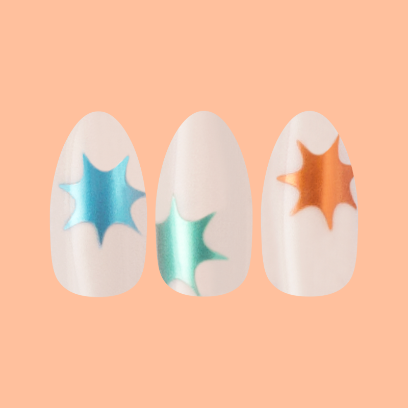 Chrome Burst - Press-On | Medium | Almond neutral nails with colorful chrome starburst designs on soft peach background