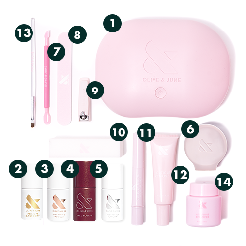 Pink Olive and June manicure kit with UV lamp, base coats, gel polish, nail tools, cuticle remover, and acetone remover bottle