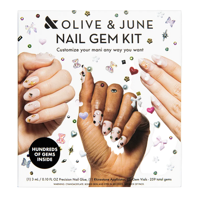 Olive & June nail gem kit packaging with hands showing decorated nails. Nail Gem Kit  Nail Art Stickers