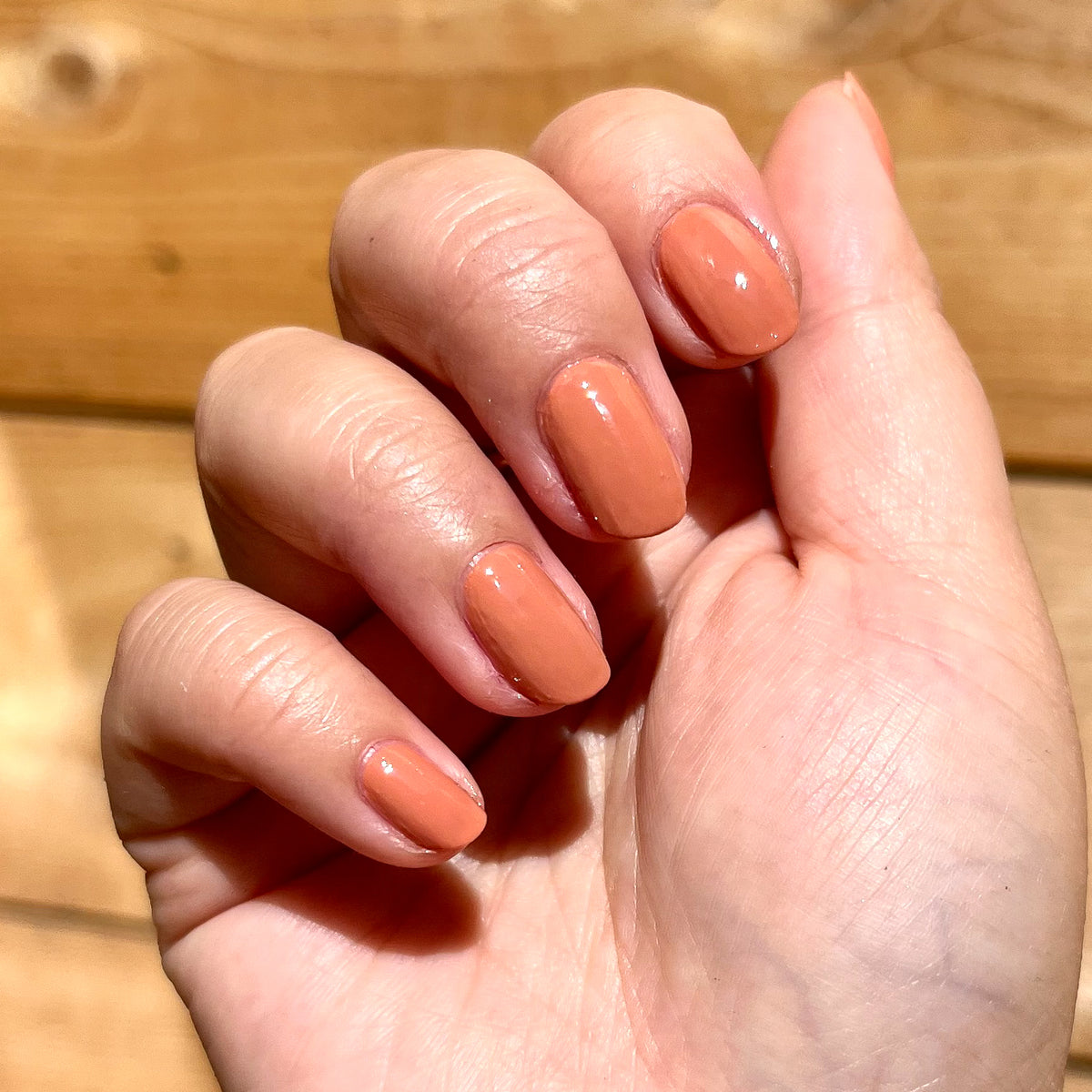 Hand with Canyon gel polish in warm desert orange shade for smooth, earthy at home manicure and long-lasting mani options