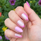 Pink Party French - Press-On | Medium | Almond false nails with pink tips and mixed pink shades for easy at home manicure
