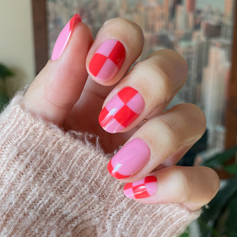 Olive & June Super Stick Press On Nails, Pink Checker Party | CVS Olive & June Super Stick Press On Nails, Pink Checker Party | CVS