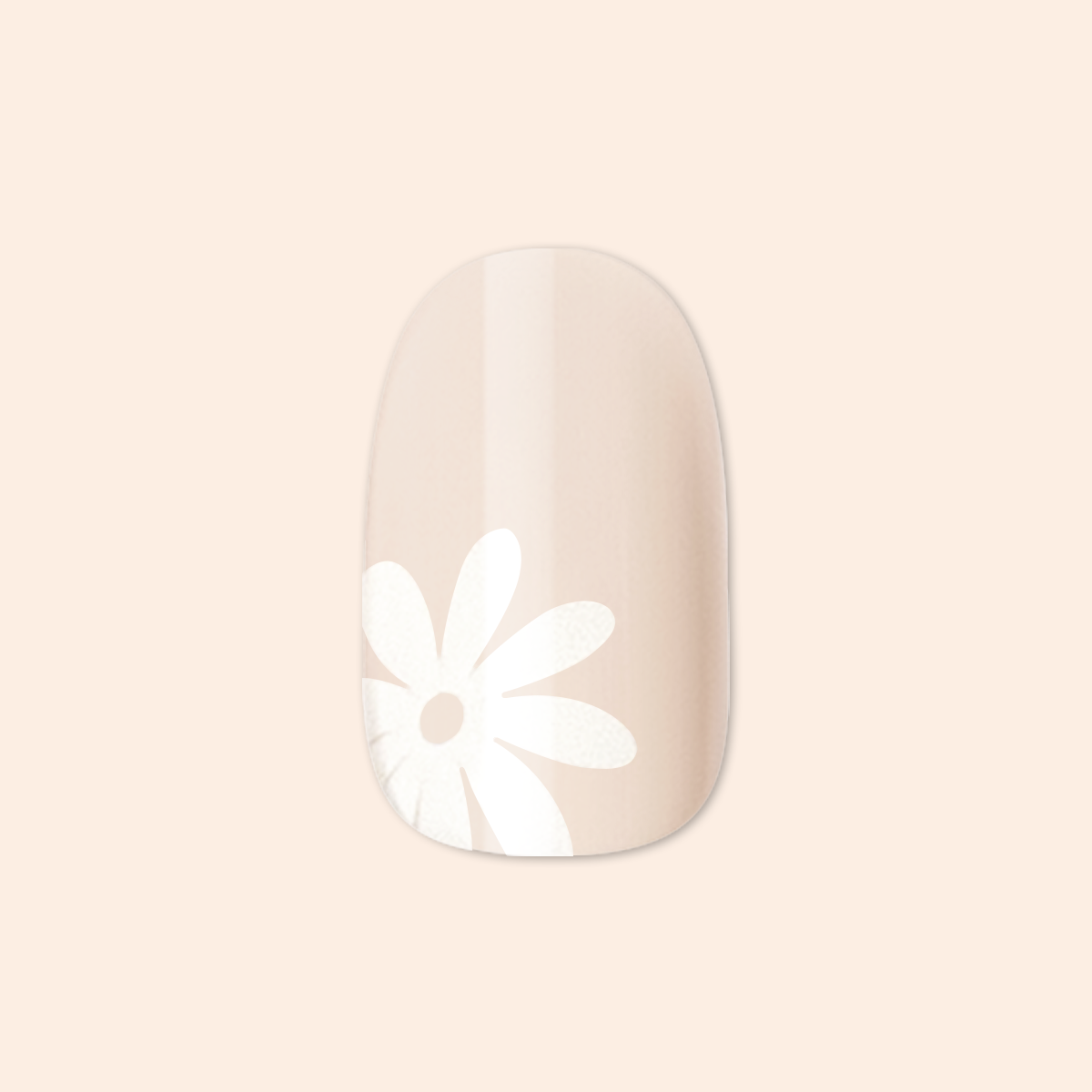 Daisy Pop | Short | Round - Tab Press-On neutral press-on nail with oversized white daisy design on soft beige background