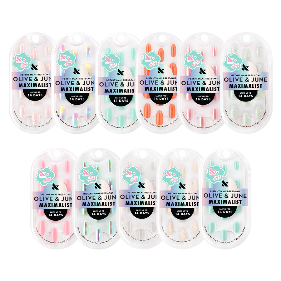 Sets of Effects & Solids Press-Ons by Olive and June in various colors and finishes for at-home manicures with lasting wear