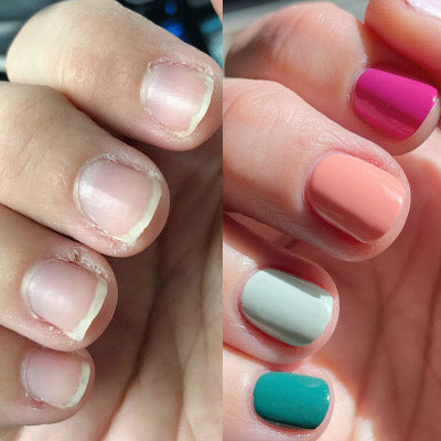 Close-up of three fingers showing natural nails on the left and the same nails polished in pink, coral, mint, and teal colors on the right