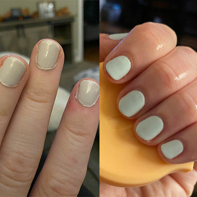 Close-up comparison of nails painted in muted beige on the left and soft pastel green on the right holding a peach object